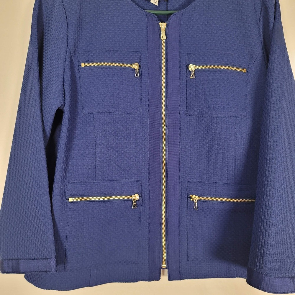 Bob Mackie Wearable Art Jacket Womens Medium Blue Zip Front Textured Pockets NWT - Picture 2 of 11